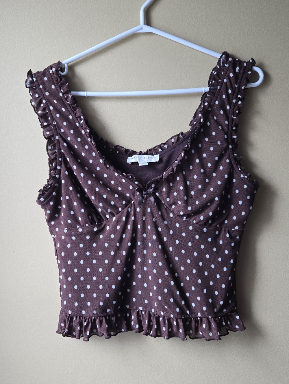 Brown Polka Dot Ruffle Tank Top with Bow Detail